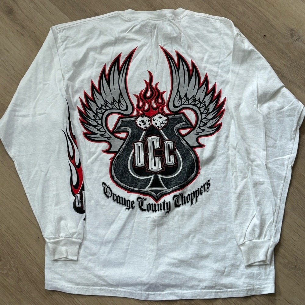 Orange County Choppers Long Sleeve Shirt Mens Large White OCC Flame Dice Graphic